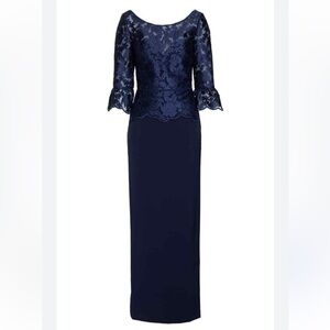 JS Collections Navy Embroidered Lace 3/4 Sleeve Evening Gown | 6